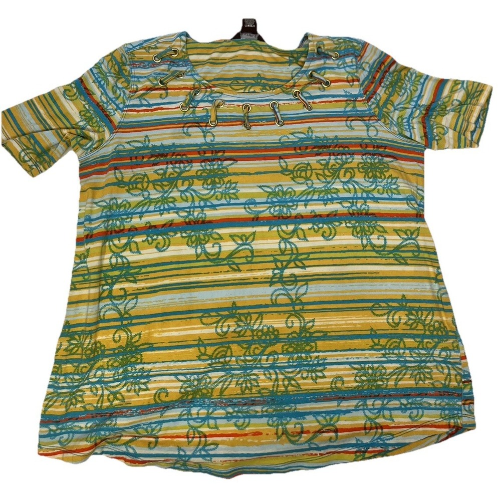 Multiples Tunic Top Women Petite Med Orange Striped Grommet Boat Neck T Shirt PM